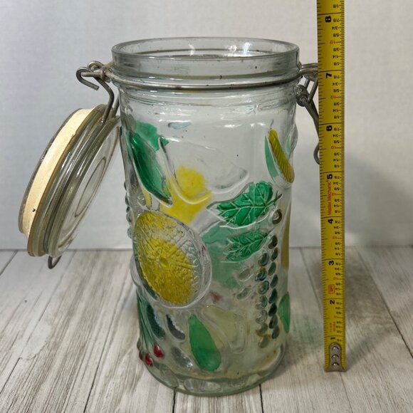 Vintage Canister Jar Storage Glass Fruit Embossed Wire Bale Lid - Set Of 3 - Picture 7 of 10